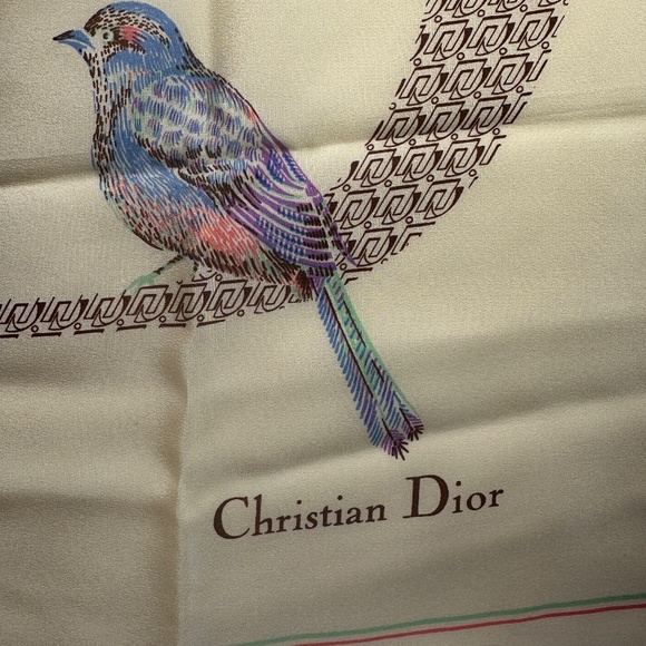 Vintage Christian Dior Silk Scarf Ivory Stripes and Birds Monogram - Picture 10 of 12